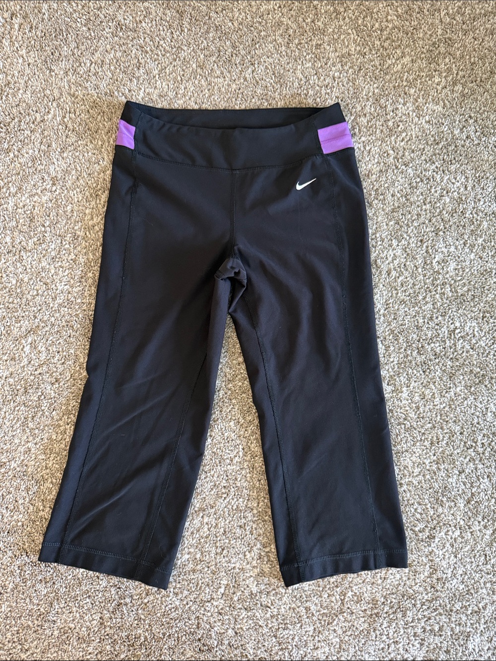 Nike Black Cropped Workout Pants with Purple Waist Panels